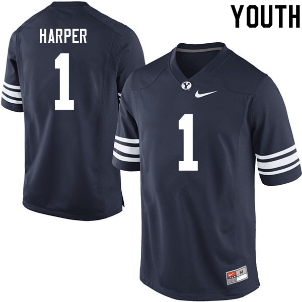 Youth #1 Micah Harper BYU Cougars College Football Jerseys Sale-Navy - Click Image to Close